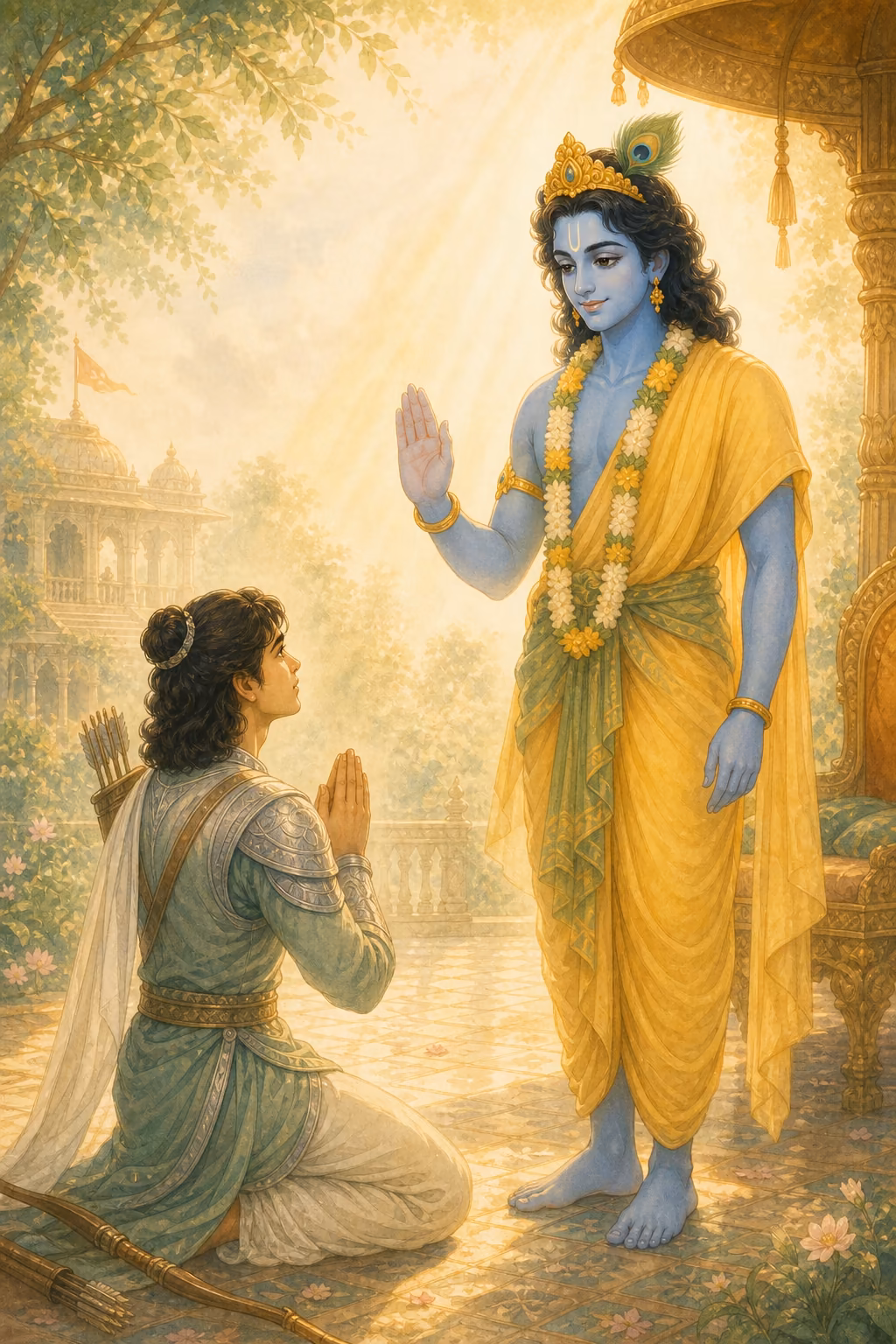 Parth kneeling in full namaste before Krishna as golden light streams around them, Krishna's blessing hand raised.