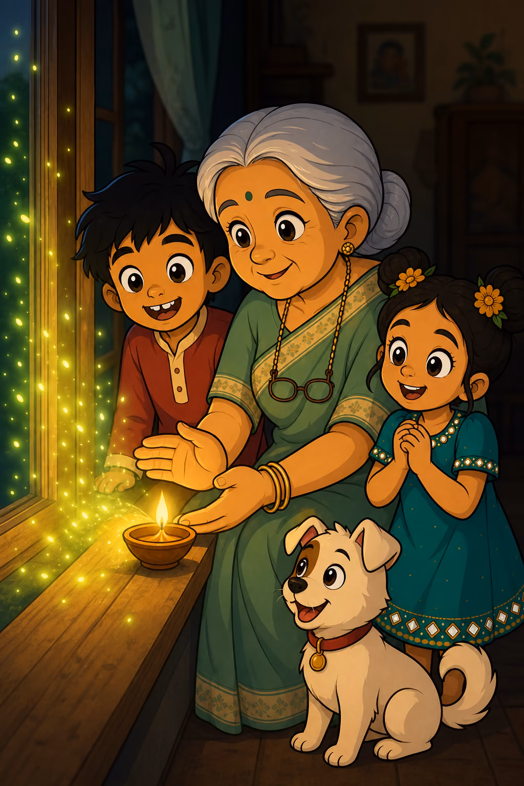 Dadi lighting a diya on the windowsill at dusk, Arjun and Anvi leaning in to watch and Moti the little cream-white dog beside them, as a golden-green glow spreads from the flame across the sill.