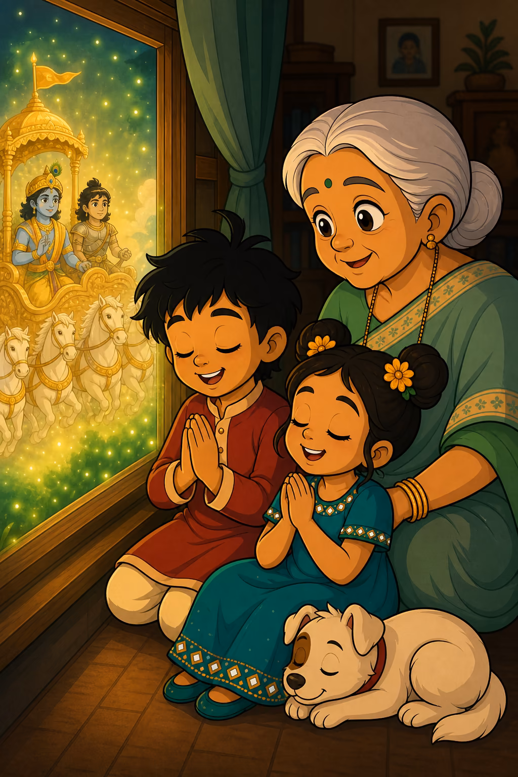 An episode scene inside the app: Arjun, Anvi and Dadi kneeling in namaste at home with Moti asleep beside them, while through the window the golden chariot glows — Krishna at the reins with Parth, four white horses at rest and the saffron Hanuman banner above.