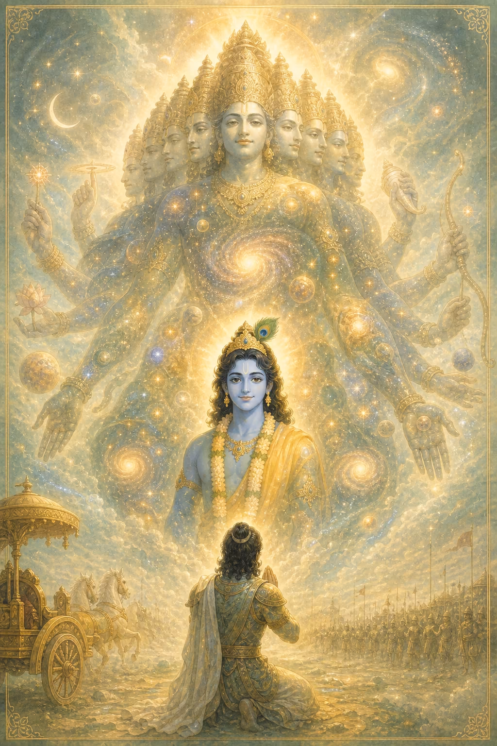 Krishna's gentle face at the heart of an immense luminous form of golden light, galaxies and soft suns turning within it; Parth small below with folded hands, bathed in wonder.